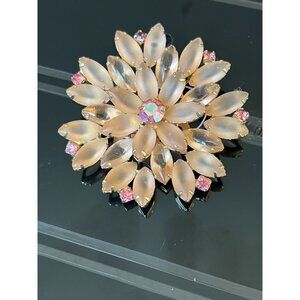 Vintage Floral Brooch With Aurora Borealis Rhinestones & Pink Satin Glass Navett